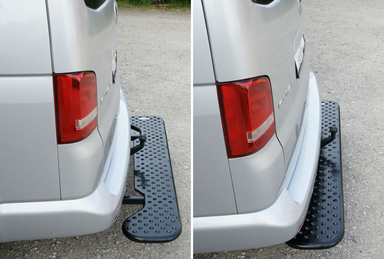 Ausziehbare Hecktrittstufe für Volkswagen T5, Bj. 2003-2015, Radstand alle, für Fahrzeuge ohne Anhängerkupplung